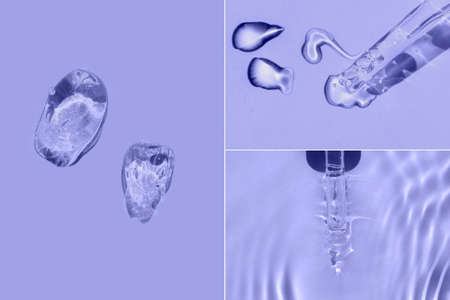 collage of pipettes with pouring liquid serum and shadows on purple background toned color of the year 2022の写真素材