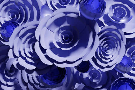 3d render of beautiful flying pviolet paper flowers wallpaper pattern toned with 2022 color of the...