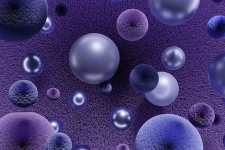 3d render of flying violet balls and fluffy fur spheres on soft purple background toned color of the...