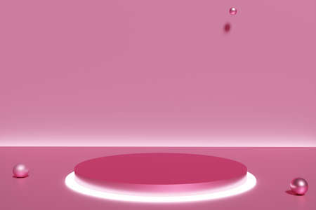 3d render of led lit pink podium with flying balls for beauty project