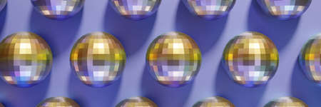 3d render of festive shiny dico balls pattern banner on a violet color of the year 2022 background