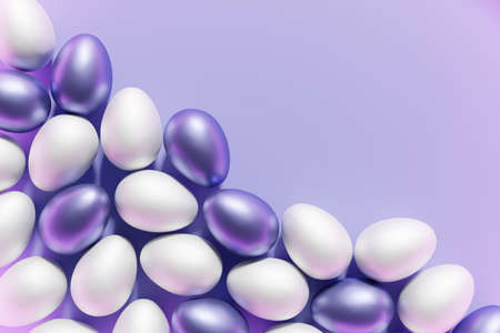 3d render of white and violet Easter eggs border on a pastel pink background flat lay with copy spaceの写真素材
