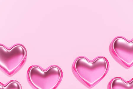 3d render of pastel pink hearts on a pink background monochrome minimalist border for your Valentine projectの写真素材