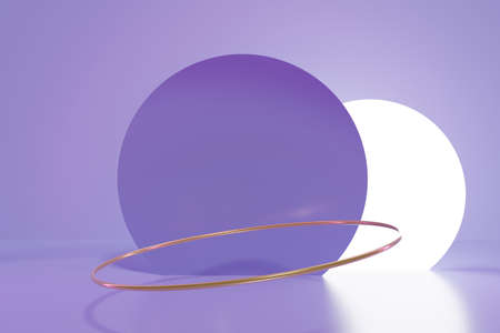 3d render of purple scene for product presentation with metallic gold ring and circular led light...
