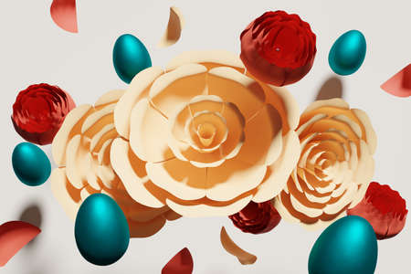 3d render of red and orange beige flying flowers and blue Easter eggs scene on a beige background...
