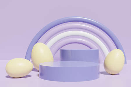 3d render of yellow eggs and podiums with a purple rainbow on a violet background for Easter