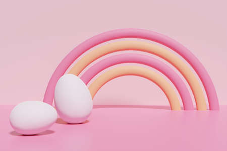 3d render of white eggs with a pink and orange rainbow on a pink background for Easterの写真素材
