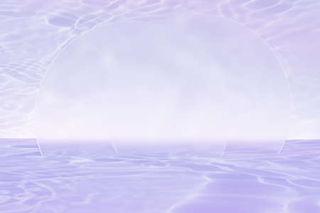 3d render of purple swimming pool like setting with light glares and glass round shapes for product presentationの写真素材