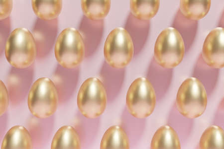 3d render of a pattern of golden Easter eggs on a pink background for your projectの写真素材