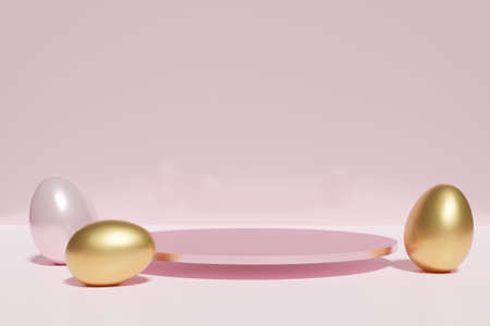 3d render of golden and pink Easter eggs scene with podium on a pink background for your project