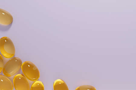 3d render of shiny orange capsules with fish oil or beauty serum for your project on a purple...