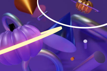 3d render of flying geometric shapes with halloween pumpkins with a ring like a planet for your...