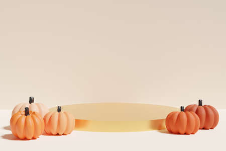 3d render of different shades of orange pumpkins with a round podium on a beige background for...