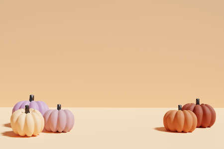 3d render of different shades of orange and purple pumpkins showcase on a beige background for Halloweenの写真素材