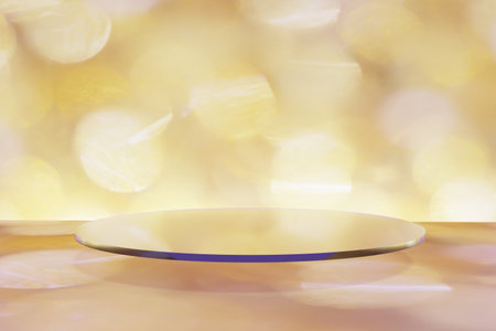 3d render of a glass podium with a gold bokeh scene background for your Christmas projectの写真素材