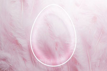 3d render of neon egg shape frame on a pink feather background for your Easter projectの写真素材