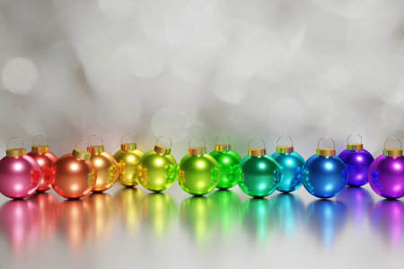 3d render of beautiful metallic rainbow xmas baubles on a silver bokeh background for your festive Christmas projectの写真素材