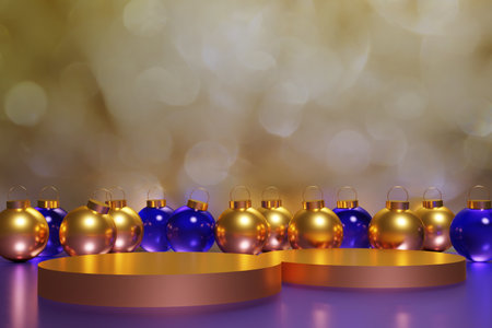 3d render of beautiful metallic purple and gold xmas baubles on a golden bokeh background with podiums for your festive projectの写真素材