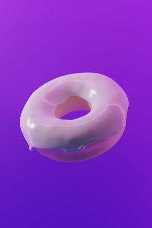 3d render of white glazed donut on a pink purple gradient background with neon lightingの写真素材