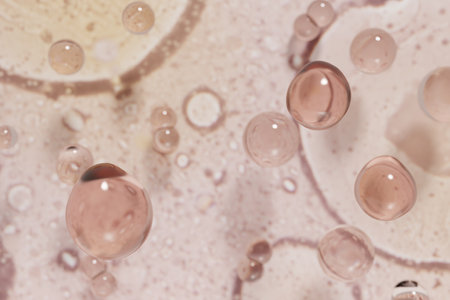 3d render of beautiful pink droplets of face serum for your beauty project on a pink fluid backgroundの写真素材