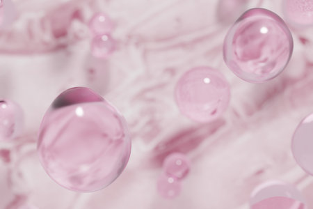 3d render of beautiful pink droplets of face serum for your beauty project on a pink fluid backgroundの写真素材