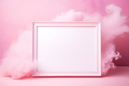 white picture frame with blank canvas with pink smoke on a pink background, AI generatedの素材