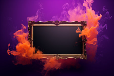 black picture frame with orange smoke on a purple background for Halloween, AI generatedの素材