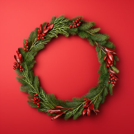 Stylish traditional Christmas wreath on a red background, AI generatedの素材