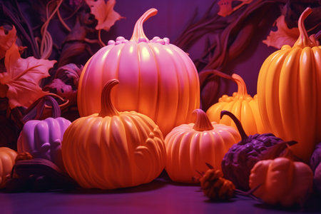Halloween Y2K style scene with pumpkins, jack o lanterns, in orange, purple, and black colors, AI generatedの素材