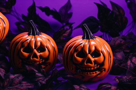 Halloween Y2K style scene with pumpkins, jack o lanterns, in orange, purple, and black colors, AI generatedの素材