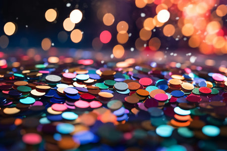 gold and purple confetti on the bokeh background with selective focus created with AI generative toolsの素材
