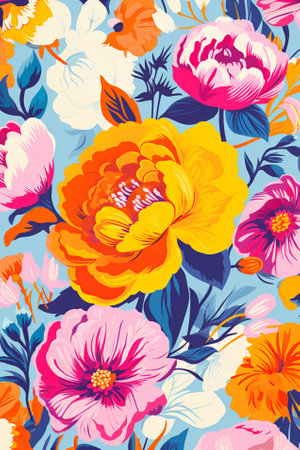 risograph printing style floral pattern in bright vibrant colors, AI generativeの素材