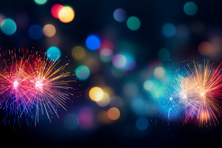 beautiful fireworks display at night with bokeh lights, festive backgroundの素材