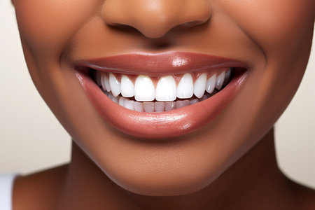 Close up of black woman perfect white teeth smile, dentist clinic advertisementの素材
