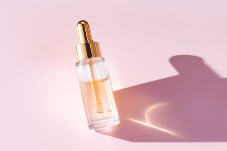gold pipette dropper bottle of face serum on a pastel pink background with shadowの素材