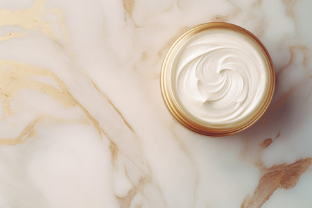 open jar of face cream on a luxury marble table, flat layの素材