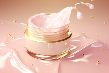 open jar of face cream or serum with splashing product on a pastel pink backgroundの素材