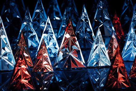 Christmas tree theme crystal cut glass background, shiny, festive, dark blue and red colorsの素材
