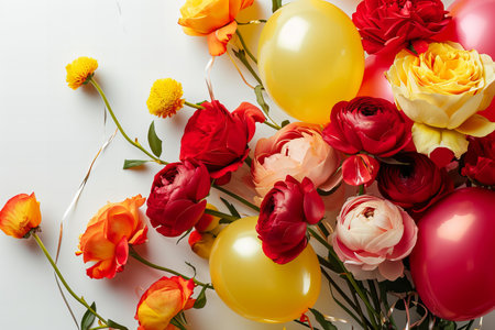 Balloons with roses and ranunculuses on a white background, celebrationの素材