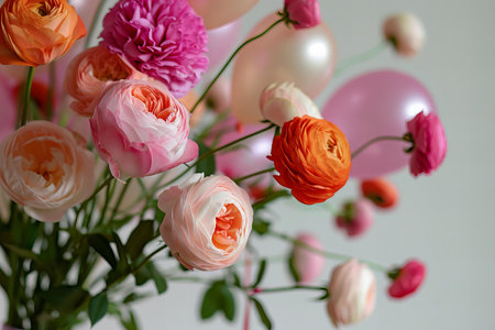 Balloons with roses and ranunculuses on a white background, celebrationの素材