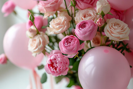 Balloons with roses and ranunculuses on a white background, celebrationの素材