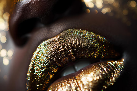Close up macro detail of black womans lips with gold glitter color lipstick, beauty shotの素材