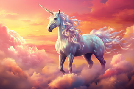 beautiful magical unicorn with pink color hair in the sky with pink and purple cloudsの素材