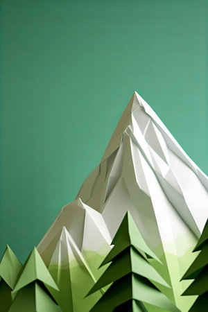 paper origami style white mountains with green fir trees, minimalist winter backgroundの素材