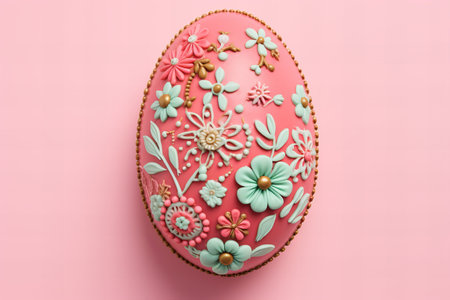 egg shaped decorated gingerbread on a pastel background, Easter sweet in vibrant pink, green and coral pastel colors, flat layの素材