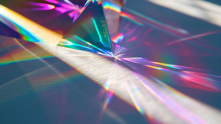 macro of crystal prism rainbow reflection of a crystal, sunny, on a white backdrop, shadow ang light, purple and pink soft lightの素材