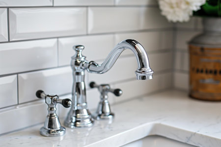 water faucet in a modern bathroom, white subway tileの素材