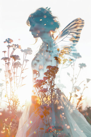 woman with fairy wings in a dress with a full skirt double exposure with field flowers, white backgroundの素材