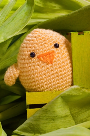 hand made spring decoration with chick and tulip flowersの写真素材