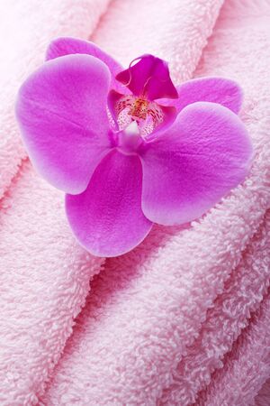 luxury wellness towel with pink orchid flowerの写真素材
